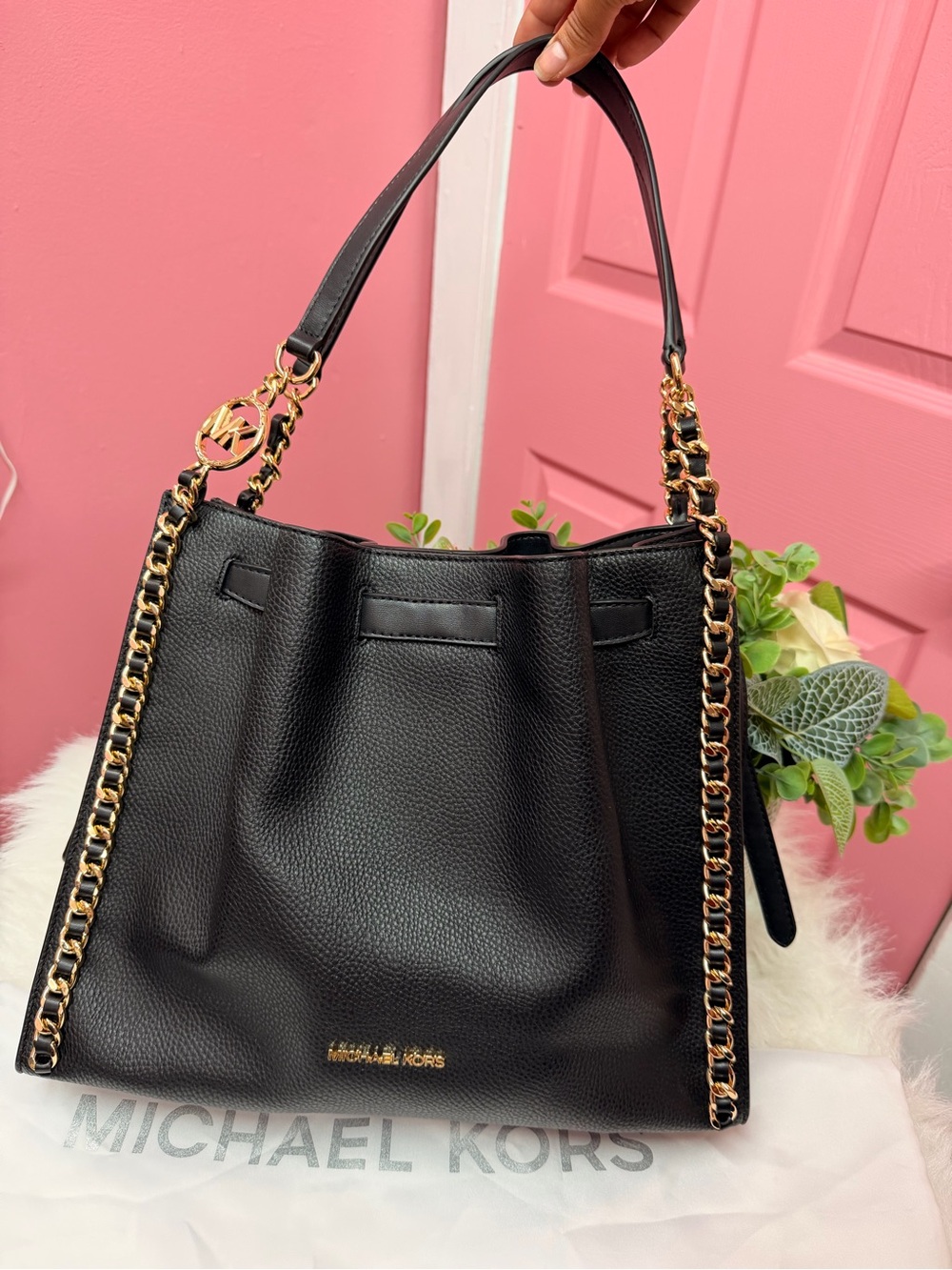 Michael Kors Black Pebbled Leather Shoulder Tote with Gold Chain Detail